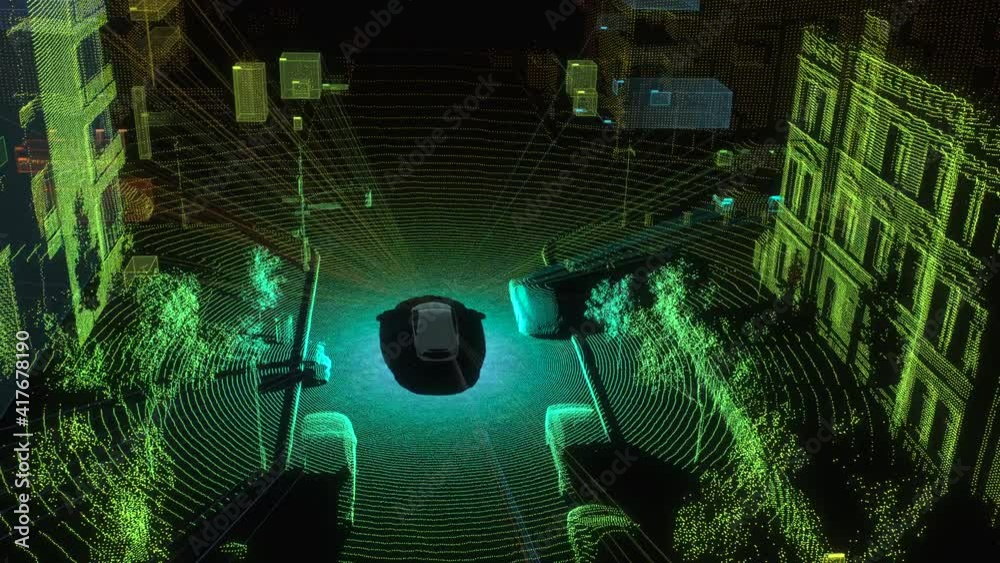 Concept of Self-driving car vision. Artificial intelligence training in detect objects