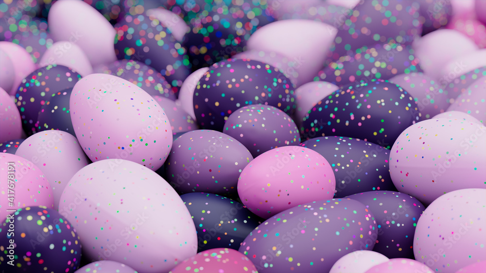 Multicolored Easter Egg background. Beautiful Easter Wallpaper with, speckled Purple, Magenta and Pink Eggs. 3D Render Multicolored Easter Egg background. Beautiful Easter Wallpaper with, speckled Purple, Magenta and Pink Eggs. 3D Render