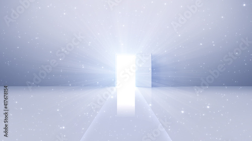 Door Opening to the brilliant Future  way to Heaven and Success. 3D illustration.