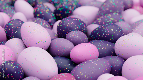 Multicolored Easter Egg background. Beautiful Easter Wallpaper with, speckled Purple, Magenta and Pink Eggs. 3D Render  photo