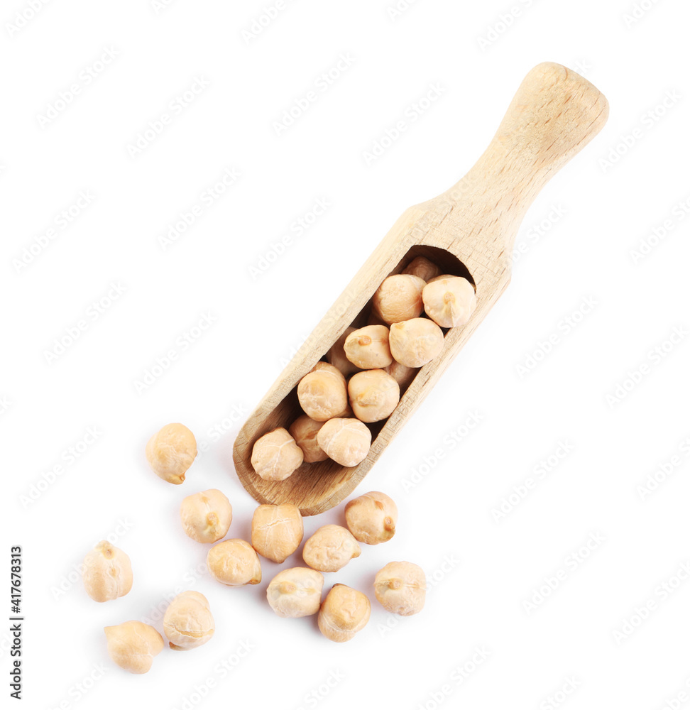 Wooden scoop with chickpeas on white background, top view. Natural food Wooden scoop with chickpeas on white background, top view. Natural food