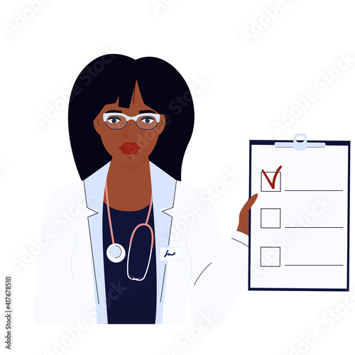 Female doctor. African American woman in a white gown. Hospital staff