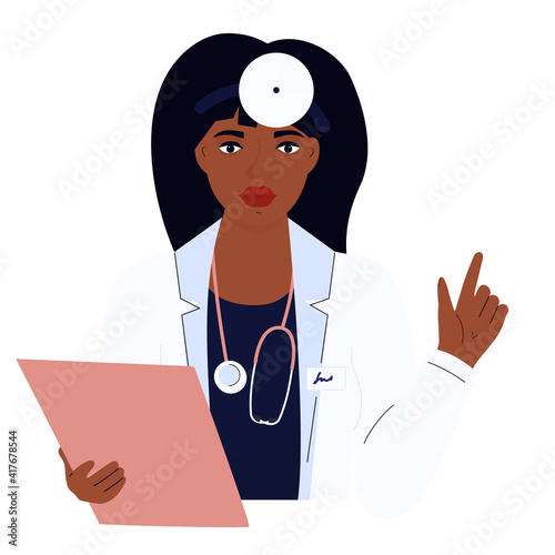 Female doctor. African American woman in a white gown. Hospital staff
