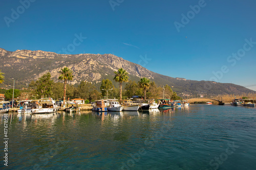  Mu  la - Turkey 05 February 2021  Travel boats in Akyaka  Kad  n Azma     Stream  one of the favorite places of tourism.