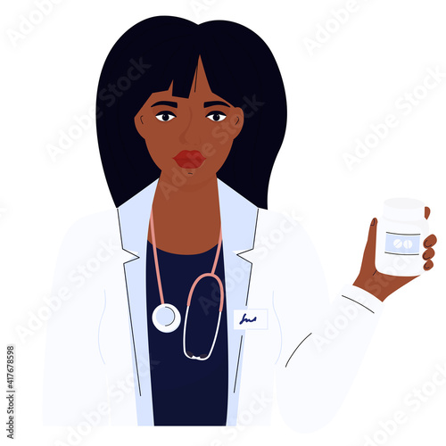 Female doctor. African American woman in a white gown. Hospital staff