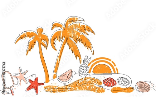 Summer Background. One line Art. Vacation Pattern. Poster with   Palm trees, ...