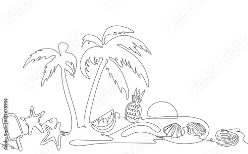 Summer Background. One line Art. Vacation Pattern. Poster with Palm trees, Fruits, ice cream, Seashells, Sun and Sand. Vector illustration.