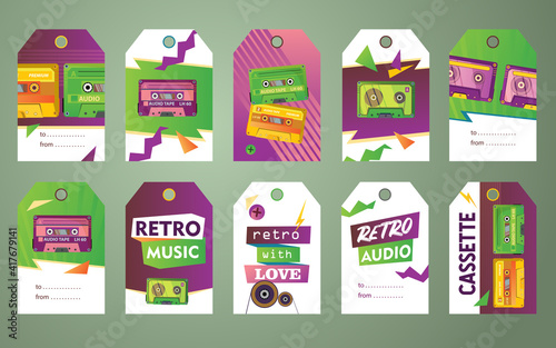 Labels set with stereo cassettes. Audio tapes vector illustrations with text samples. Music, media, entertainment, show concept for tags and postcards design