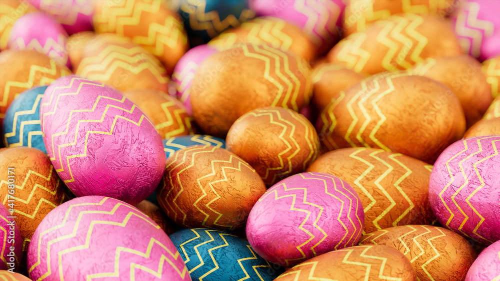 Multicolored, foil wrapped Easter Egg background. Beautiful Easter Wallpaper with, patterned Pink, Teal and Orange Eggs. 3D Render 