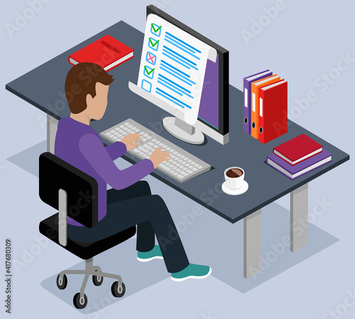 Student fills out questionnaire on keyboard. Male character checking test. Online exam concept. Man is typing while looking on screen. Guy sits at workplace and studies form with answers to give grade