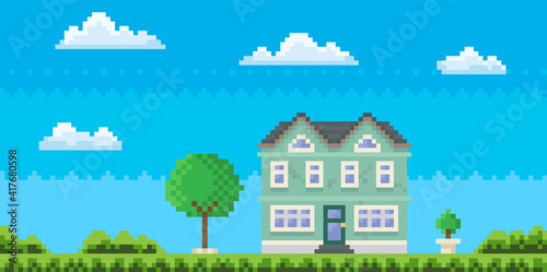House surrounded by green spaces and plants. Apartment building with many windows for pixel game. Panorama architecture. Layout of mobile app, computer pixelated game. Old architectural construction
