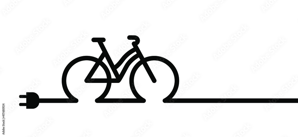 Lady eco electric bicycle, e-bike charge sign. Electric plug, bike ...