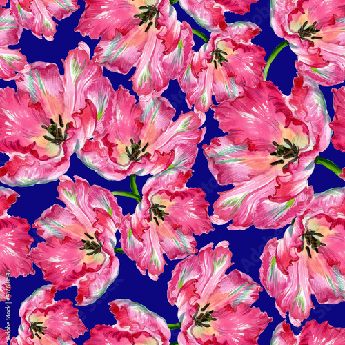 Watercolor tulip flowers print. Watercolor illustration. Seamless pattern