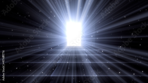 Door Opening to the brilliant Future  way to Heaven and Success. 3D illustration.