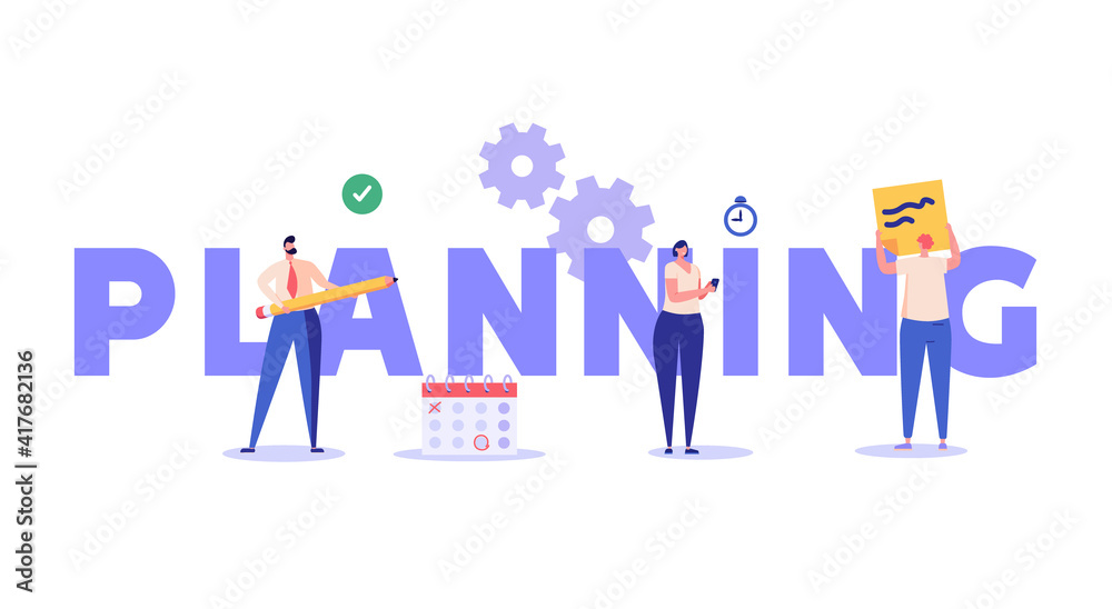 Planning schedule, business event and calendar concept. People with schedule, pen and notes organize meeting. Planning strategy and time management. Vector illustration in flat cartoon design