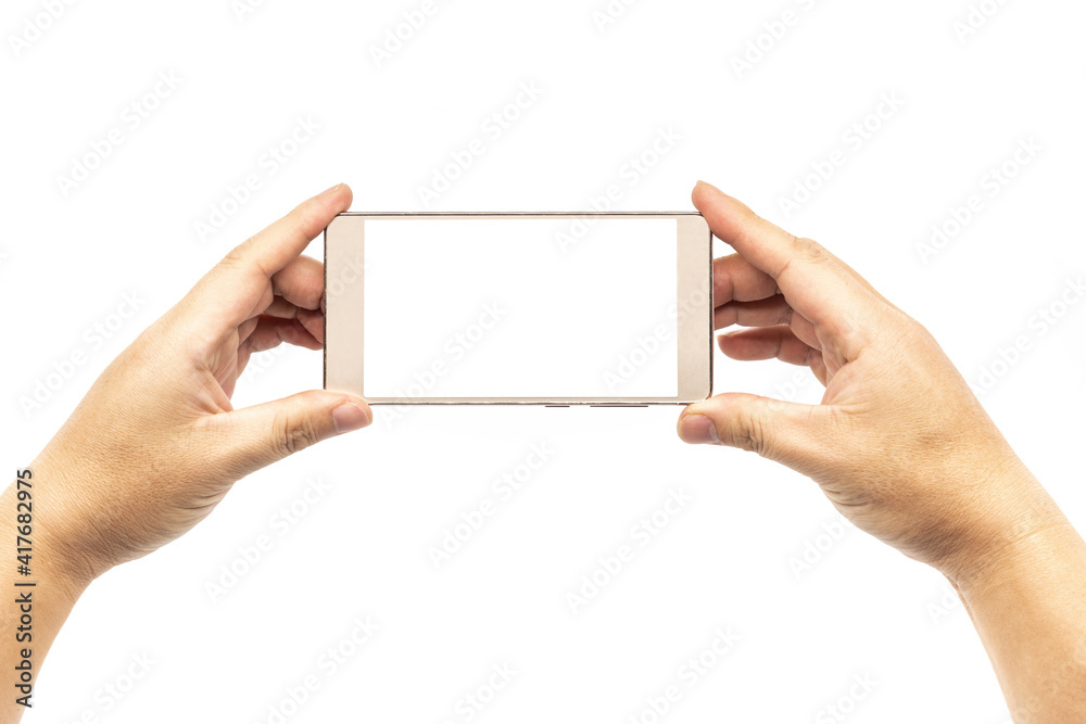 Holding a smart blank phone with golden border isolated on white background Holding a smart blank phone with golden border isolated on white background
