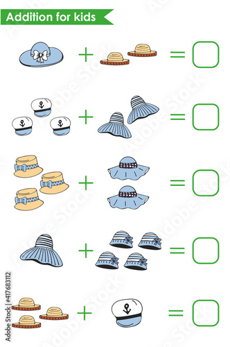 Addition for kids with cute summer hats. Math game for preschoolers. Solve the equations. Worksheet for preschoolers. Vector illustration.