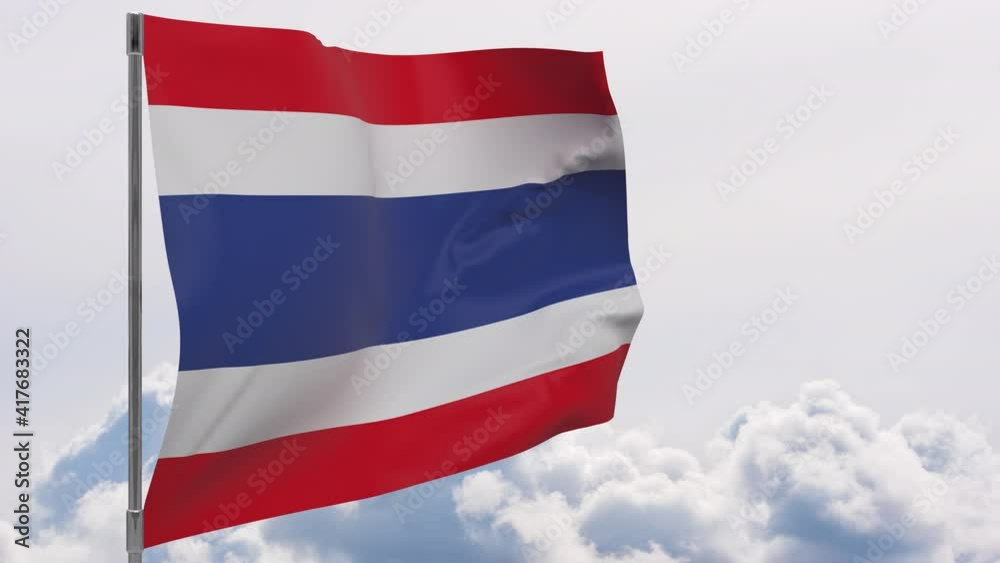 Thailand flag on pole with sky background seamless loop 3d animation
