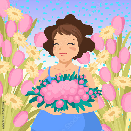 Portrait of a woman with a bouquet  flowers around  summer spring congratulation design concept card. Vector illustration