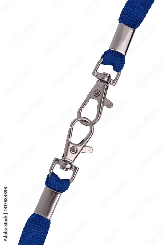 Linked carabiners with straps close-up on white background Linked carabiners with straps close-up on white background