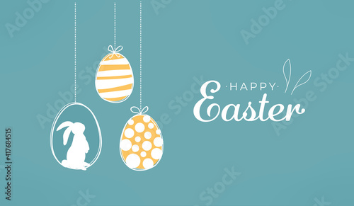 Happy Easter card with easter eggs garland and rabbit. Simple vector decoration photo