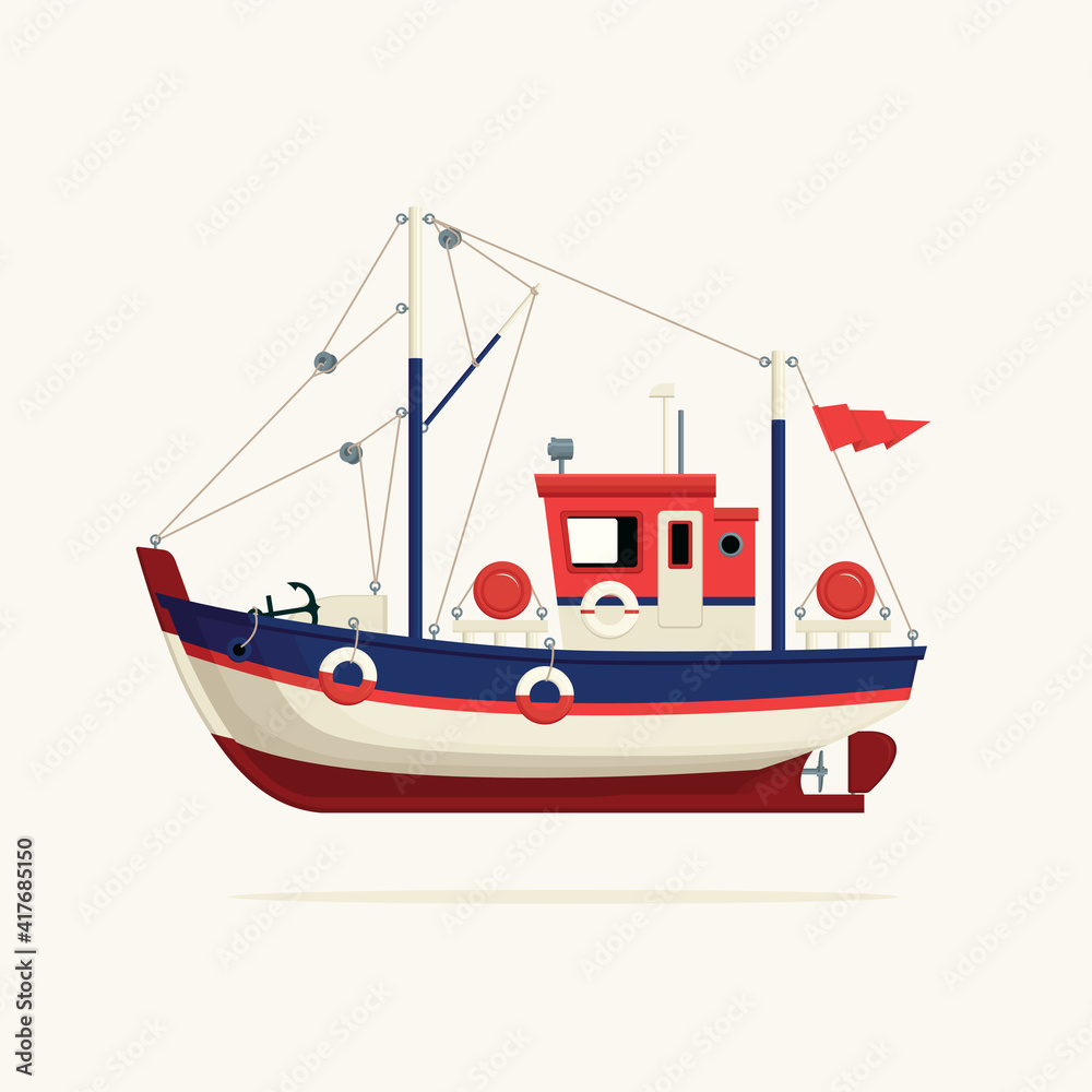 Color image of a fishing vessel, trawler or ship tug on a light background. Decorative vector illustration of a fishing boat side view. Sea or river transport for catching fish in a cartoon style