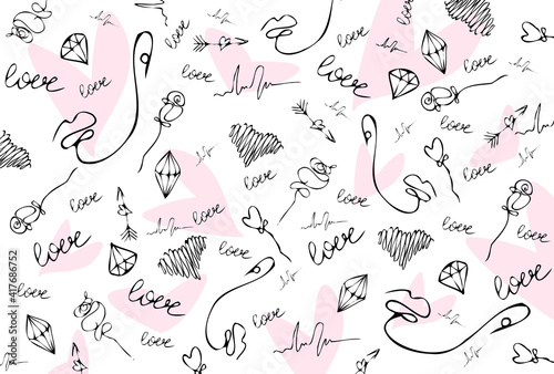 Abstract pattern with fase, lips, hearts and diamonds