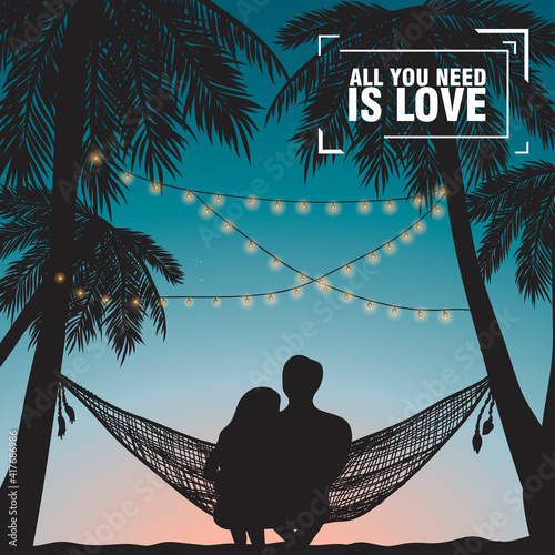 Couple at the beach on hammock. Romantic travel card. Family