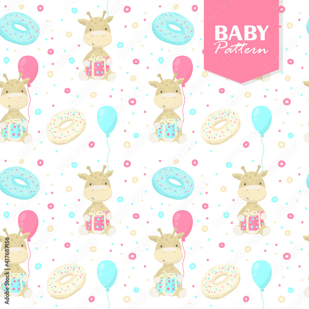 cute giraffe with dunuts and ballons seamless pattern