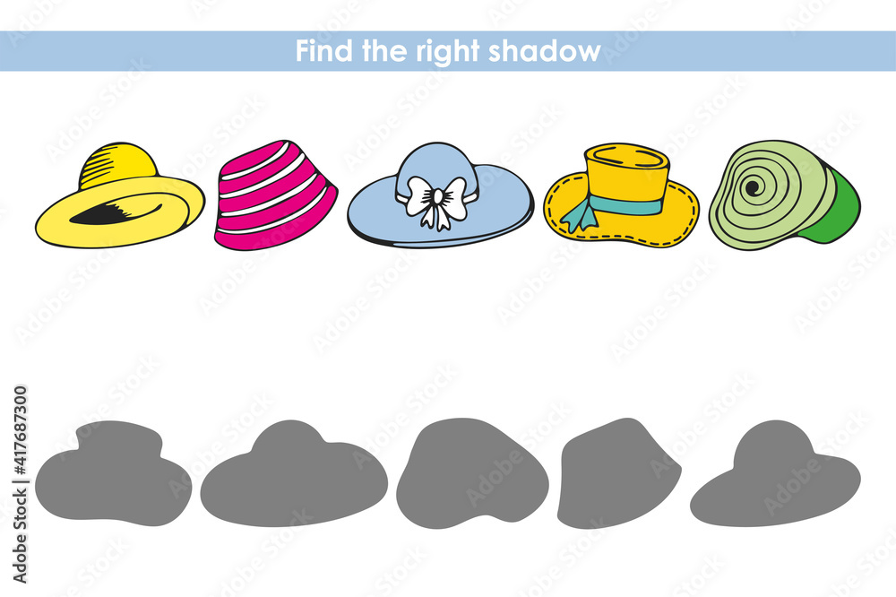 Find correct shadows of each summer hats. Educational logical game for kids isolated on white background. Vector illustration