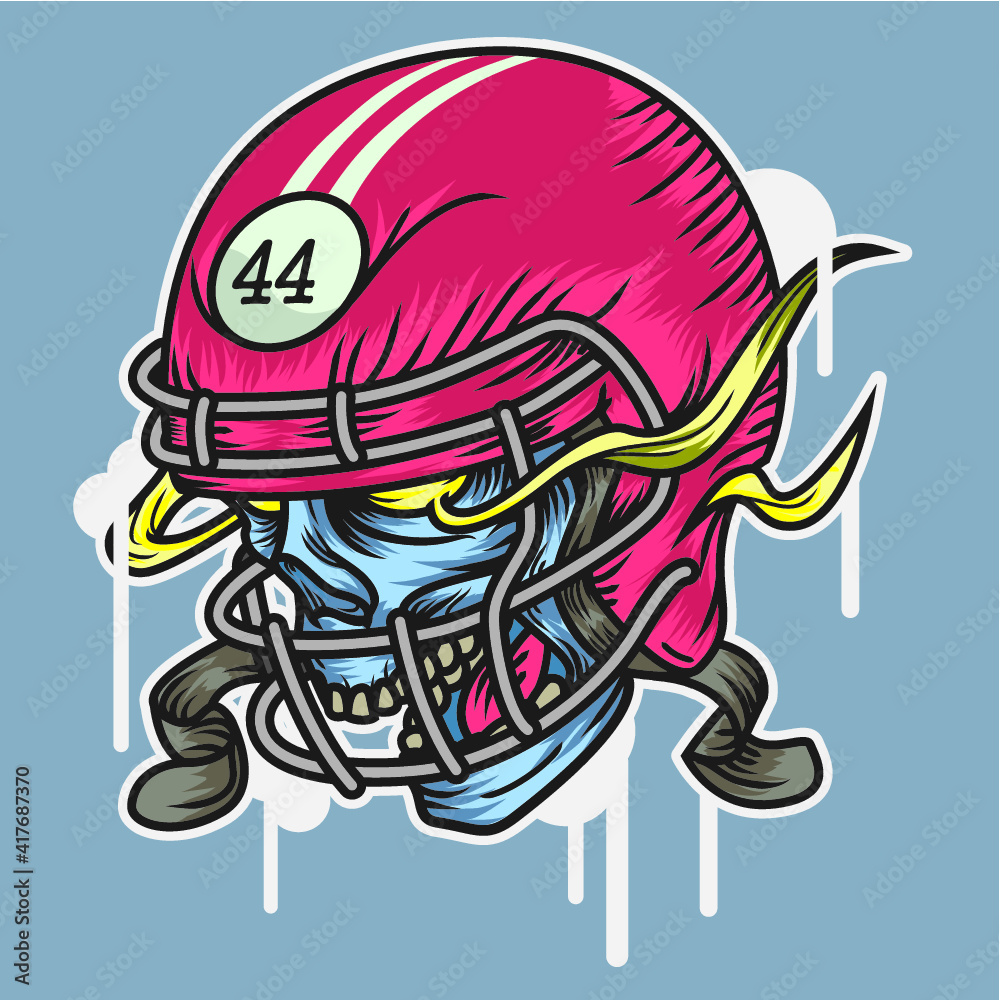 Human skull wearing a sports helmet