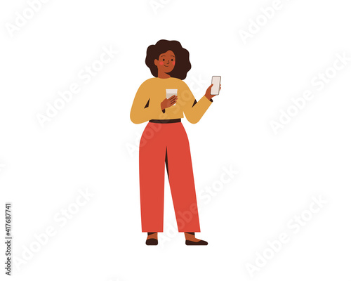 Black businesswoman chatting on the smartphone and drinks coffee. Young dark skin female checks social media on her mobile. Flat vector illustration.