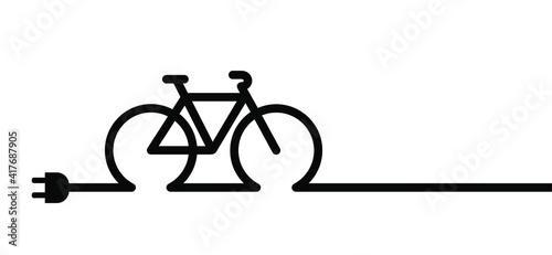 Eco electric bicycle, e-bike charge sign. Electric plug, bike battery charger. Bikes on a bicycle parking, power station charging point symbol. Flat vector ebike signs. Mountain biker.