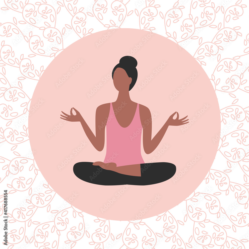 Female Yoga Pose Simple icon on floral background