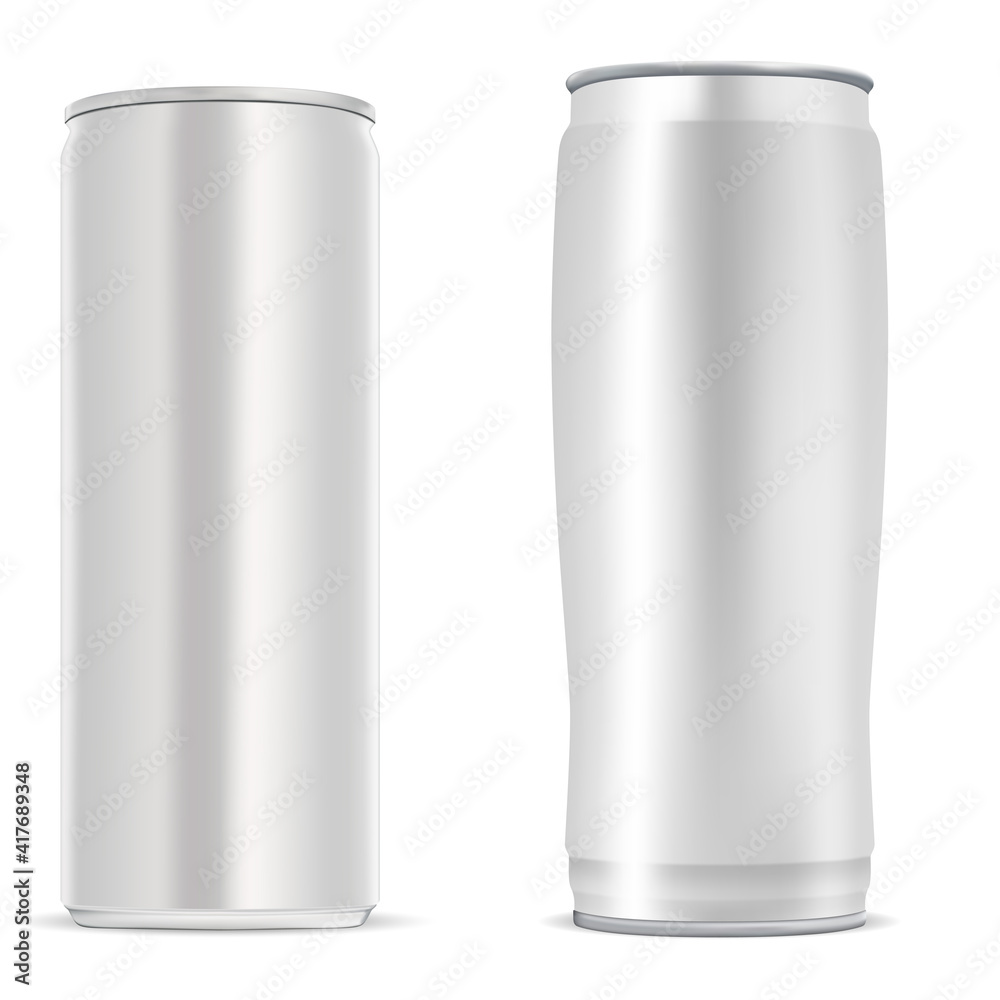 Beer can. Energy drink can, aluminium soda bottle. Cold beverage aluminum silver metal tin blank. Disposable cold coffee product illustration, realistic container, steel pack