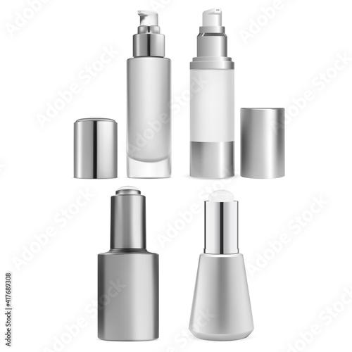 Dropper bottle. Airless pump serum bottle design. 3d mockup of luxury beauty product. Foundation dispenser vial template. Clear silver flask for face treatment liquid. Eyedropper mock up