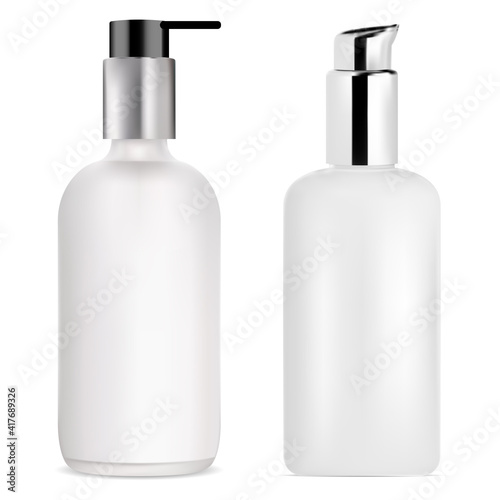 Airless pump bottle. Cosmetic package 3d mockup isolated. foundation creamcontainer, transparent packaging. Beauty flacon set, skin lotion silver cap. Liquid cosmetic product template