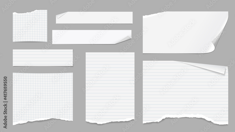 Set of torn white note, notebook paper pieces with folded corners stuck on light grey background. Vector illustration