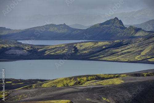 A panoramic view of the icelandic highlands from the top of Laki volcano, Lakagígar crater row, Iceland 