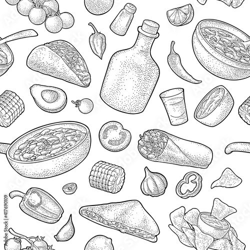 Mexican traditional food set with Guacamole, Enchilada, Burrito, Tacos, Nachos