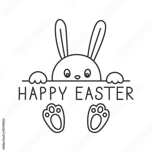 Cute black Easter bunny with text Happy Easter. Easter rabbit in contour style. Vector illustration