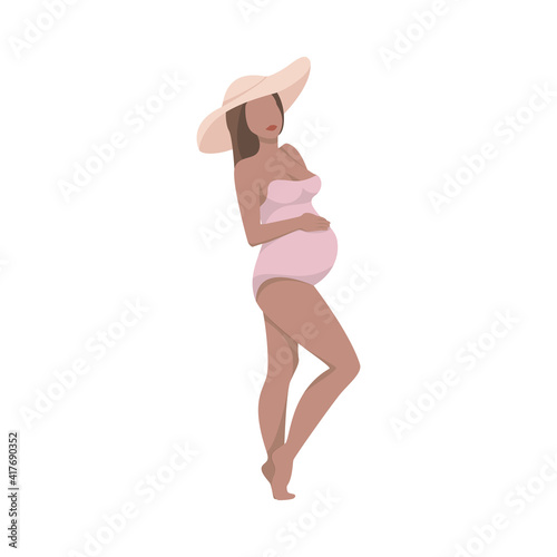 A pregnant woman in a swimsuit and a hat. For the design of lingerie and swimwear, bathing suits. Vector illustration.