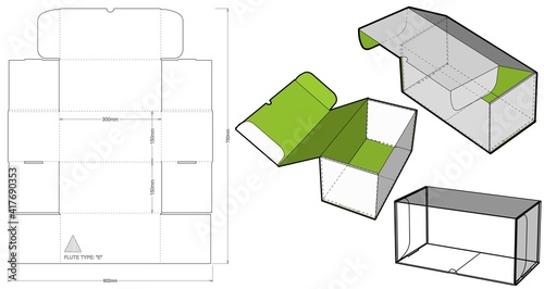 Cardboard box for sending mail. Flute Type E (Internal measurement 30 x 15 + 15 cm) and Die-cut Pattern. Ease of assembly, no need for glue.  The .eps file is full scale and fully functional.