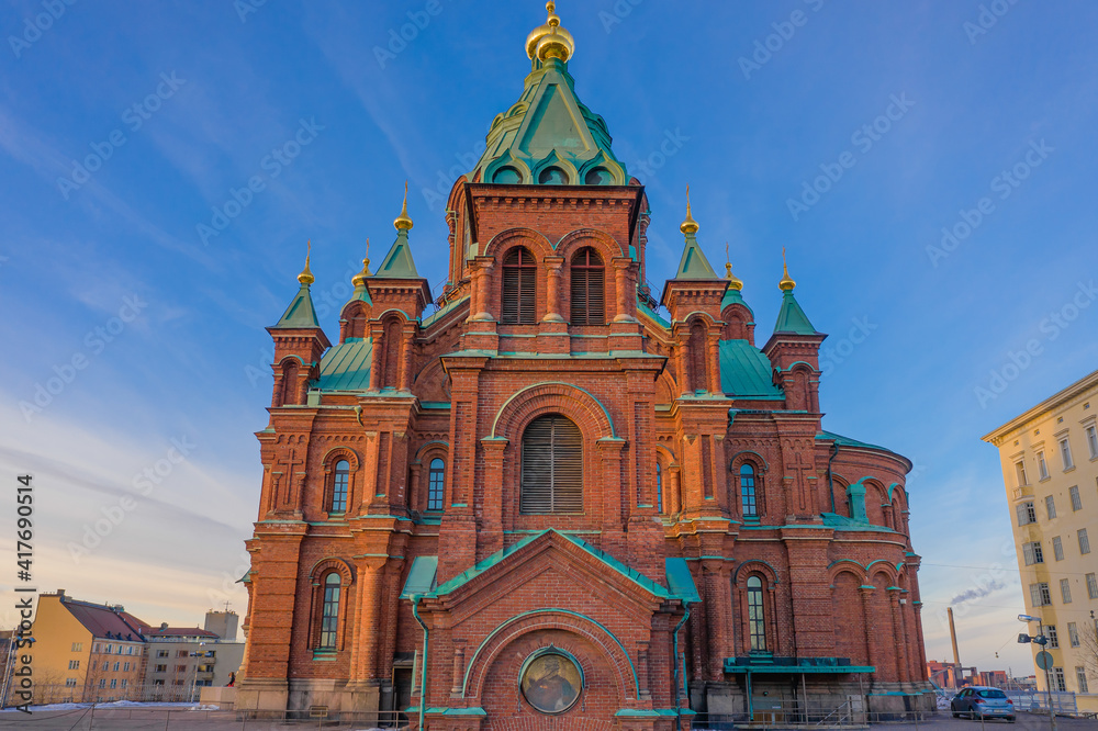 Finland, Helsinki. February 27. View of the Assumption Cathedral, the red church. , photo from drone. Finland, Helsinki. February 27. View of the Assumption Cathedral, the red church. , photo from drone.