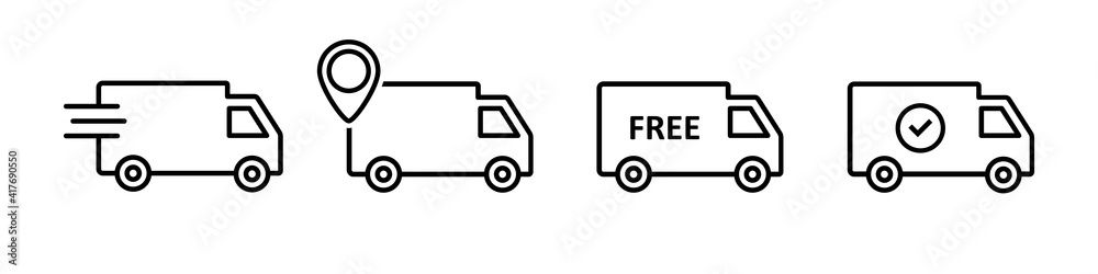Set of delivery icons, truck. Express delivery trucks. Transport icon set. Fast delivery, free delivery. Vector illustration. Set of delivery icons, truck. Express delivery trucks. Transport icon set. Fast delivery, free delivery. Vector illustration.