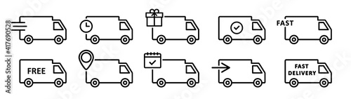 Set of delivery icons, truck. Express delivery trucks. Transport icon set. Fast delivery, free delivery. Vector illustration.