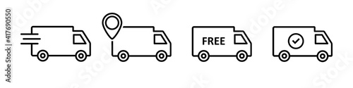 Set of delivery icons, truck. Express delivery trucks. Transport icon set. Fast delivery, free delivery. Vector illustration.