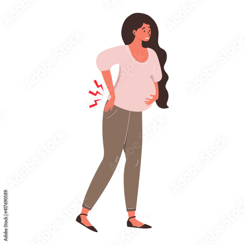 Illustration of a pregnant woman experiencing back pain. She holds her back with one hand and her stomach with the other. Diseases of pregnancy. Women's consultation, gynecology, pregnancy symptoms