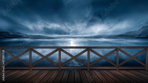 Night cold seascape, fantasy island and wooden pier by the sea. Dark forest. Cold frozen water, reflection of light in water. 3D illustration. 