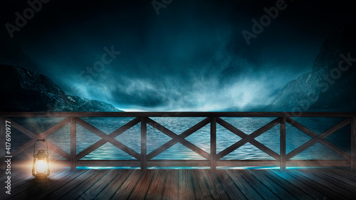 Night cold seascape, fantasy island and wooden pier by the sea. Dark forest. Cold frozen water, reflection of light in water. 3D illustration. 